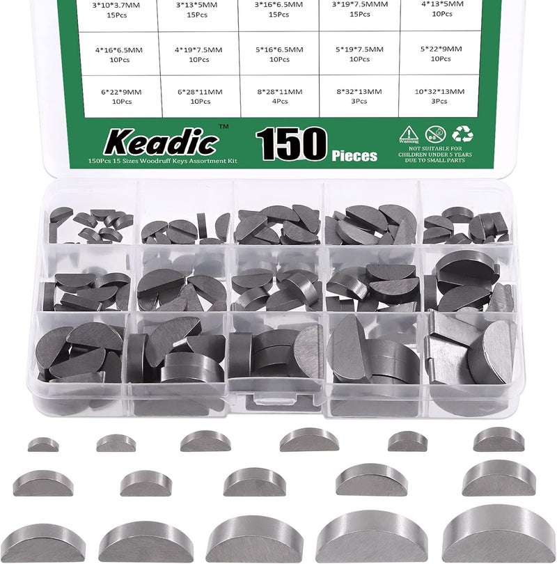 Keadic 150Pcs 15 Metric Sizes Woodruff Key Assortment Set, Carbon Steel Half Moon Gear Shaft Drive Semicircle Bond Key Pulley Crank Hardware Accessories for Mechanical Industry Fasteners - Image 1